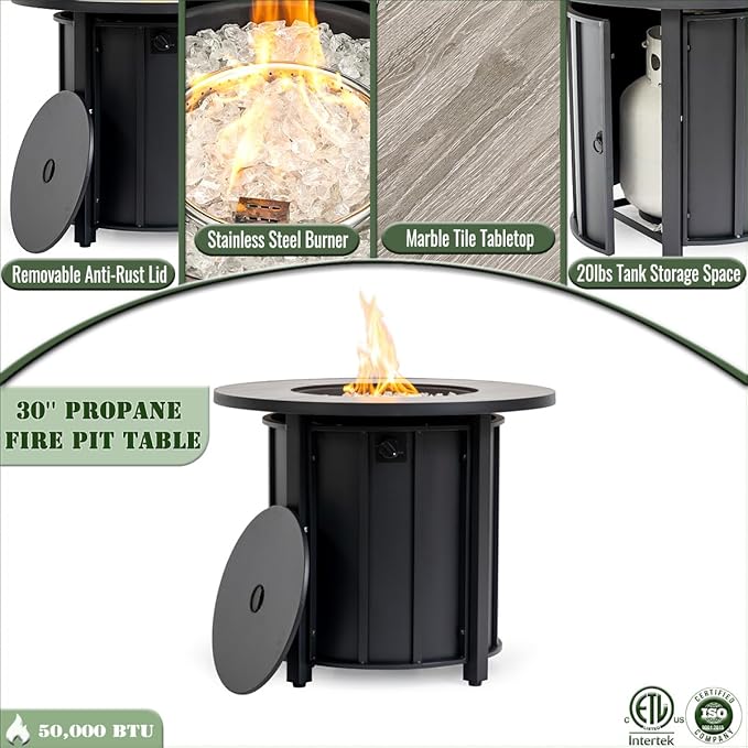 Propane Fire Pit Table, 30" Firepits for Outside, Gas Fire Pit for Outside Patio, Propane Fire Table with Ceramic Tabletop for Patio, Deck, 50000BTU, Tank Inside, Tank Not Included, Black