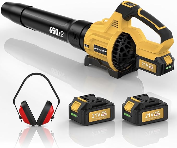 Leaf Blower Cordless,650 CFM & 160 MPH Electric Cordless Leaf Blower with 2 * 4.0Ah Batteries & Noise-Reduction Ear Muffs,3 Speed Powerful Blowing Ideal for Lawn Care, Blowing Leaves, Dust, Snow