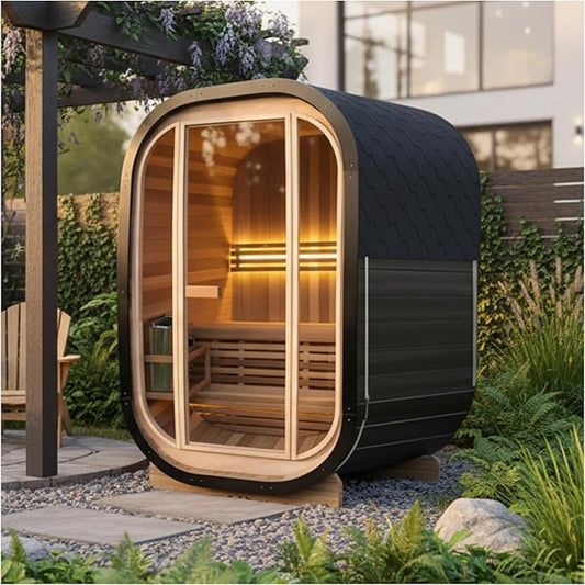 ZONEMEL Outdoor Traditional Cube Steam Sauna Room for 2 Person, Canadian Red Cedar Barrel Sauna with 4.5KW ETL Certified TOULE Heater, 8mm Tempered Glass, Black Color, 220V (0-195 °F)