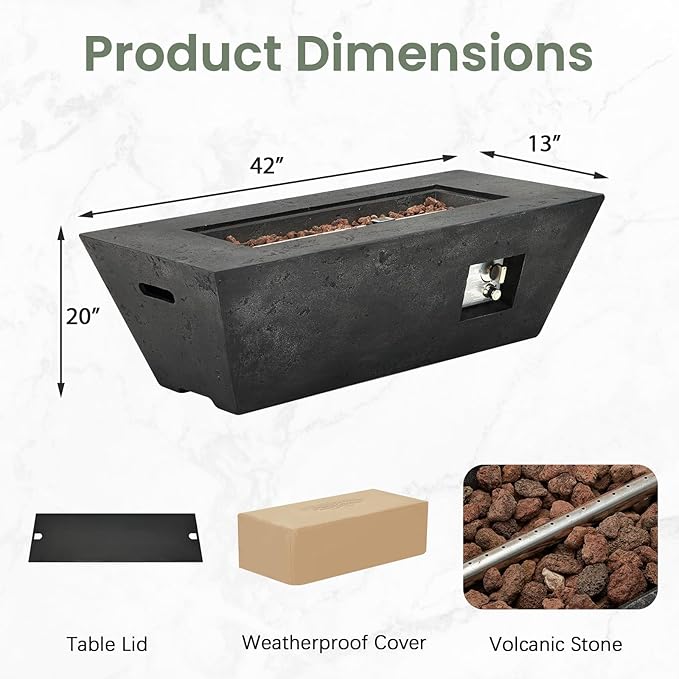 ECOTOUGE Propane Fire Pit, Outdoor Gas Fire Pit Table Set w/Side Handles, 42''Auto-Ignition Steel Fire Table, 50,000 BTU Trapezoid Concrete Fire Pit, Weather-Resistant Pit Cover, smokeless, Black