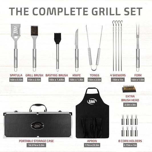 Kaluns Grilling Accessories, Gifts for Men Christmas Grilling Gifts for Dad, Heavy Duty Stainless Steel BBQ Grill Tools Set for Outdoor Grill with Aluminum Case and Apron, Birthday Gifts for Men Dad