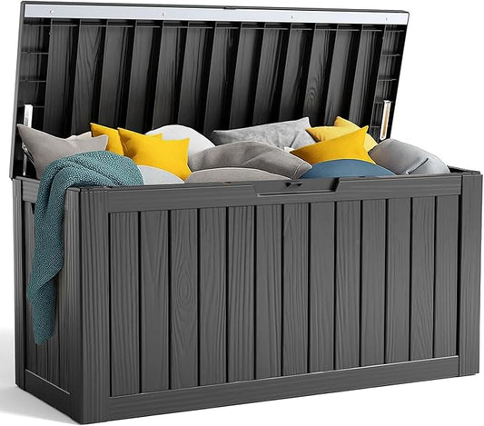 90 Gallon Resin Deck Box, Lockable Patio Outdoor Storage Box for Furniture, Garden Tools and Tools Storage, Waterproof Outside Storage Box - Black
