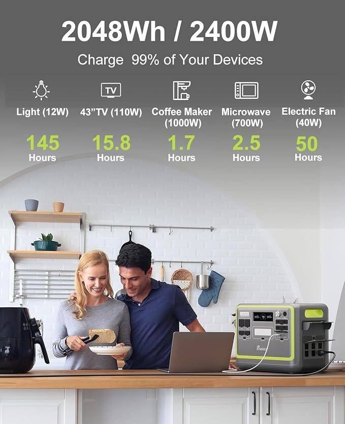 FOSSiBOT F2400 Solar Generator 2400W (4800W Peak),2048Wh LiFePO4 Battery Solar Generator with 1100W AC & 500W Solar Charging APP Control,1.5H Fast Charging, for Camping, Home Use, Emergency,RV