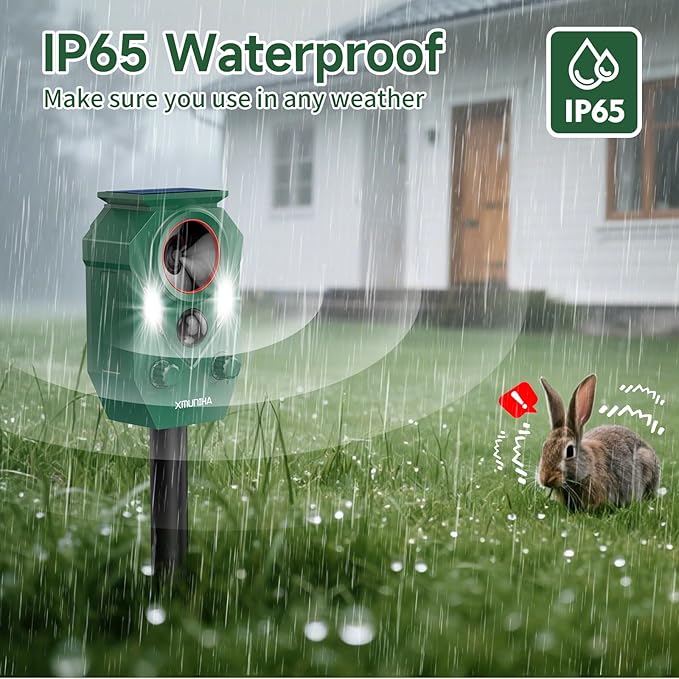 Solar Ultrasonic Animal Repellent Outdoor, Deer Repellent for Yard with RIP Sensor, IP65 Waterproof Squirrels Repeller, Effective Deterrent Cat, Raccoons, Skunks, Rabbits