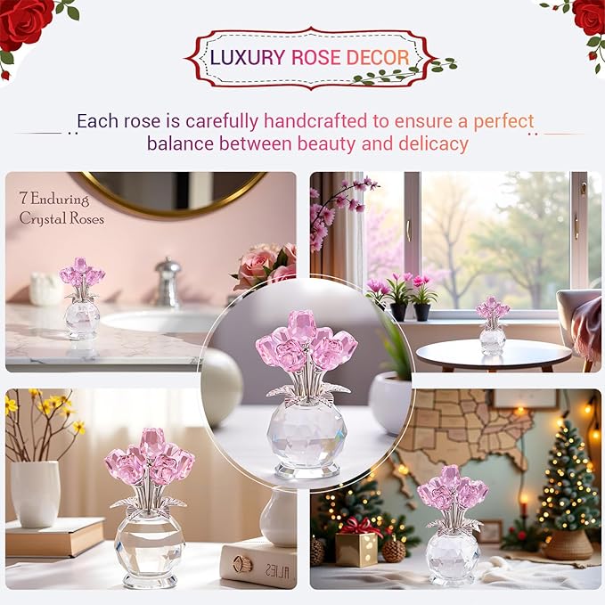 Crystal Rose Flower Collectible Figurine,Valentines Gifts for Girlfriend or Wife Bouquet Figurines Artificial Flowers Quartz Glitter Roses for Glass Flowers(Pink)