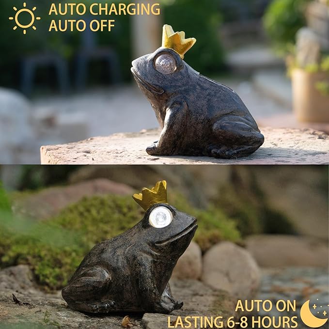 Rezpuao Garden Decor Statue Frog Prince,Solar Statue Decor Frog Prince,Resin Frogs Figurine with Solar Light for Patio,Balcony,Yard,Lawn Ornament,Perfect Garden Gift