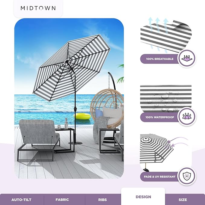 MIDTOWN UMBRELLAS The Lean 6 Feet Outdoor Umbrella With Terylast Matter Stripes (Grey/White Stripes) Polyester Fabric - Auto-Tilt Aluminum Frame Patio Umbrella For Deck, Garden, Pool - Black Pole