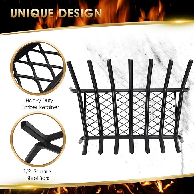 G GOOD GAIN Fireplace Grate with Ember Retainer, 24" Heavy Duty Cast Iron Indoor, Chimney Hearth Wood Stove Burning Rack Holder,1/2” Bar Fire Place Asseccories for Outdoor, Fire Pits, Camping