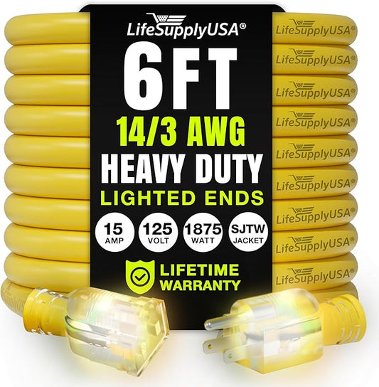 6ft Outdoor/Indoor Extension Cord 14/3 Gauge Heavy Duty 3 Prong SJTW, Waterproof, Flexible Cold-Resistant Long Power Cord,15A 125V 1875W, Yellow by LifeSupplyUSA