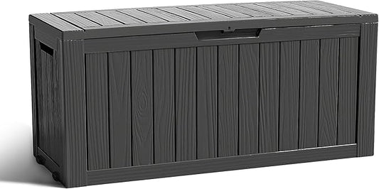 ROJIK Outdoor Storage Housing Deck Box - Waterproof Patio Furniture, Garden Tools, Cushions, Pool Accessories Storage Bench with Lockable Lid and Side Handles (Black 90 Gal)