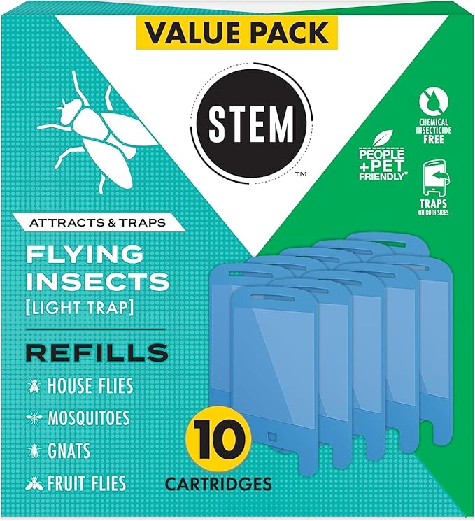 STEM Insect Light Trap Refill Cartridges, Indoor Fruit Fly Trap, Insecticide-Free Pest Control for Home, Attracts and Traps Flying Insects, Official STEM Refills - 10 Count