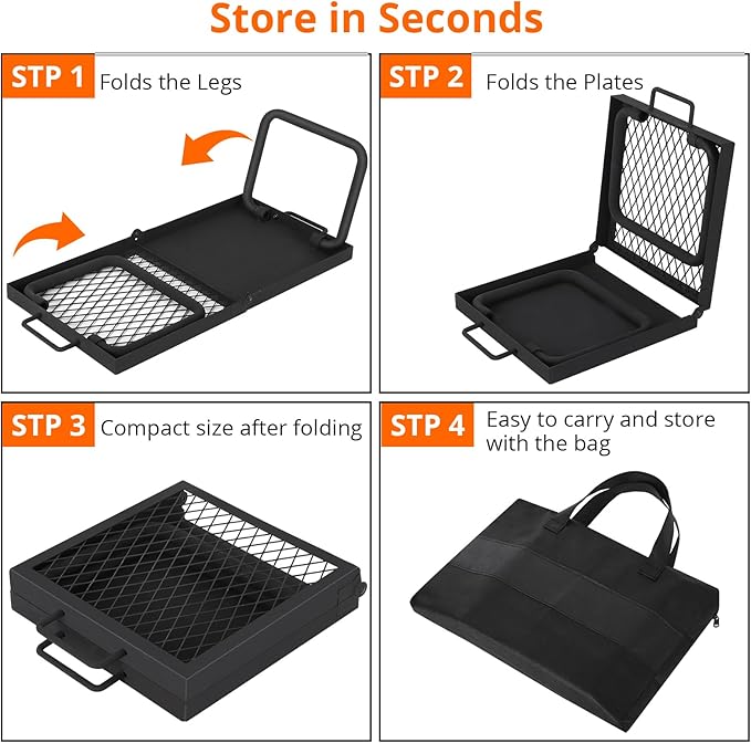 Portable Campfire Grill, Heavy Duty Steel Mesh Grate and Roasting Pan, Foldable, 22.4 x 11.2'' Camping Grates, Camping Essentials with Carrying Bag, for Outdoor Campsite & Party