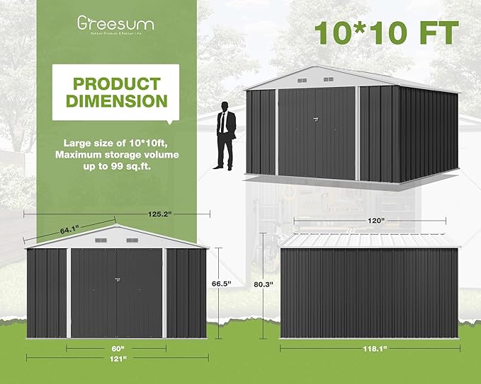 Greesum 10x10FT Outdoor Storage Shed, Utility Tool Shed Metal Storage Garden Shed with Door & Lock for Patio Storage, Gray