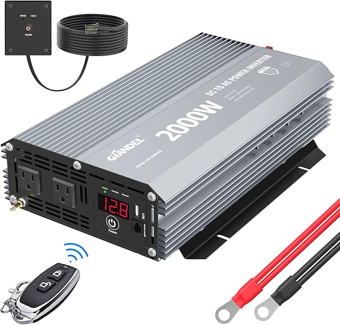 GIANDEL Power Inverter 2000W Modified Sine Wave DC 12V to AC 110V 120V with Wireless Remote Controller LED Display & 2.4 Amps USB Port for RV Truck Boat