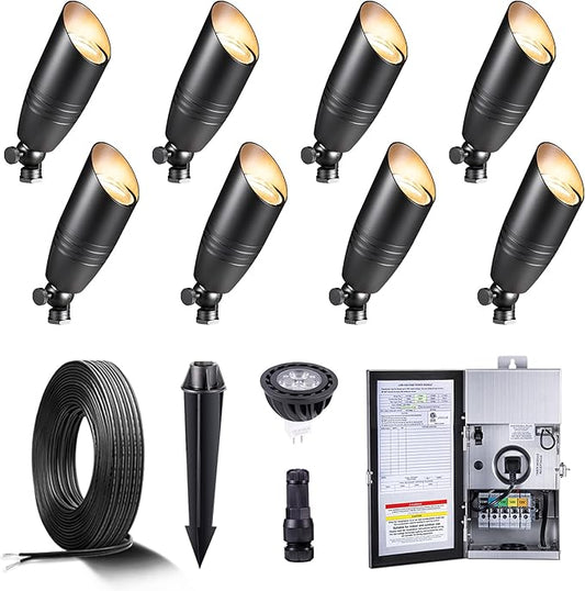 Gardenreet Black Brass Low Voltage Landscape Spotlights(8-Pack) Kit 12V LED with 150W Low Voltage Transformer & Mechanical Timer & 100FT Wire & 40Pack Connectors for Outdoor House Garden Patio