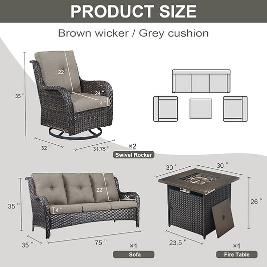Belord Outdoor Patio Furniture Set with 50000BTU Propane Fire Pit Table, 4 Pieces Wicker Patio Conversation Set with 2 Swivel Rocker Glider Chairs Rattan Sofa Grey Cushion Perfect for Gathering