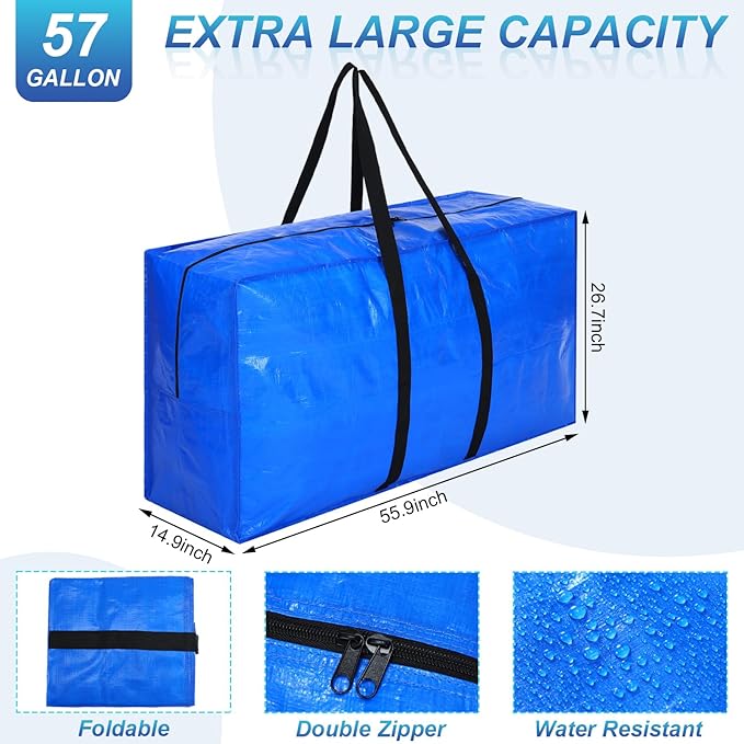 Windyun 4 Pack 98 Gallon Extra Large Storage Bags XXL Moving Bags with Zipper Handles Heavy Duty Jumbo Big Tote Box for Christmas Tree Storage 4, 5, 7.5, 9, 10, 12 ft Skeleton College Dorm(Blue)