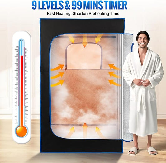 Upgraded Portable Sauna Box of Relaxation, Detoxification, Steam Sauna for Home with Steamer, Pairs Remote Control, Folding Chair, 9 Levels, 2.6’ x 2.6’ x 5.9’