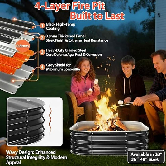 Fire Pit Ring,36in Heavy Duty Square Firepit for Outside,11'' Tall Galvanized Steel Wood Burning Bonfire Pits,Portable Outdoor Fireplaces for Backyard,Camping,Patio,Beach