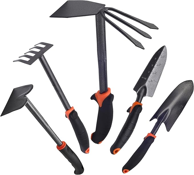 Heavy-Duty Garden Tools Set – 5-Piece Carbon Steel Gardening Tools Kit with Non-Slip Handles | Professional & Home Gardening Hand Tools for Planting, Weeding & Soil Cultivation