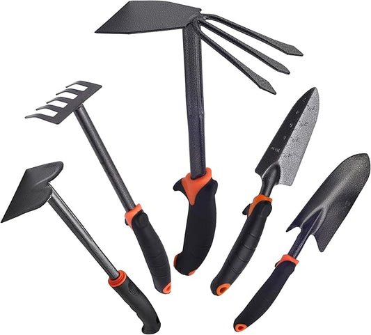 Heavy-Duty Garden Tools Set – 5-Piece Carbon Steel Gardening Tools Kit with Non-Slip Handles | Professional & Home Gardening Hand Tools for Planting, Weeding & Soil Cultivation