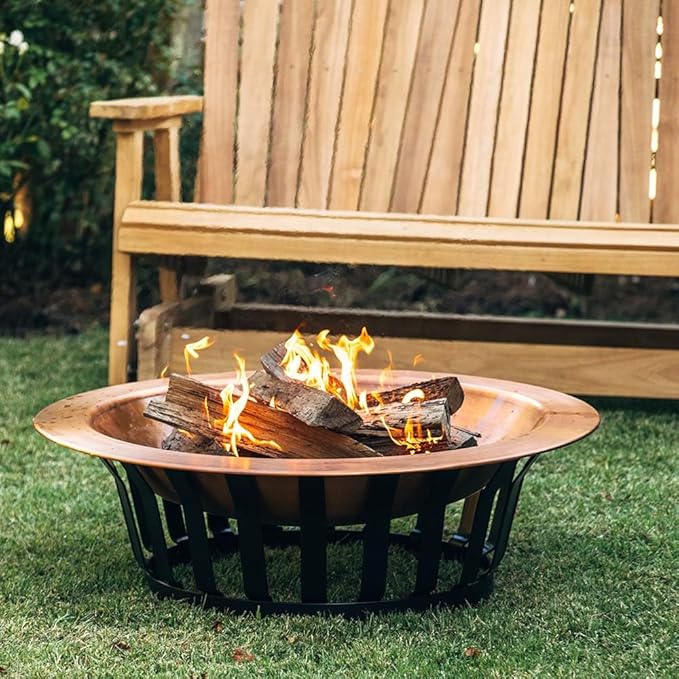 Ash & Ember 40" Copper Outdoor Fire Pit with Solid Steel Base, Grate and Fire Iron Tool Included, Perfect for Backyard Fires and Gatherings