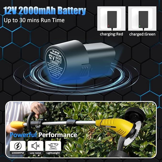 Electric Weed Wacker Cordless： String Trimmer with Roller 2Types Blades - 2.0Ah 12V Battery Powered Lightweight Grass Cutter/Mower for Yard and Garden, Yellow