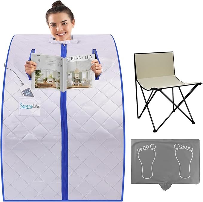 SereneLife Portable Sauna Box for Home, Infrared Sauna Tent with Heated Foot Pad and Folding Chair, Remote Control In-Home Spa, 38" x 32”