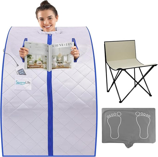 SereneLife Portable Sauna Box for Home, Infrared Sauna Tent with Heated Foot Pad and Folding Chair, Remote Control In-Home Spa, 38" x 32”