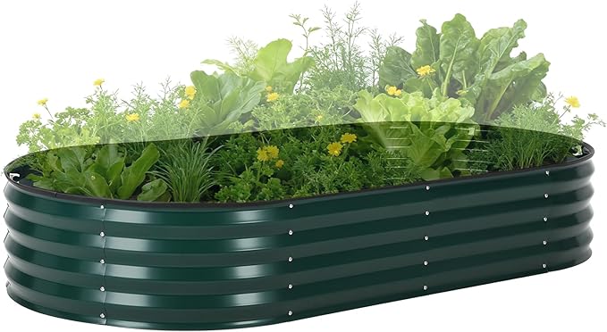 Oval Galvanized Raised Garden Bed Kit with Zippered PVC Cover, Easy Assembly, Thick Metal Outdoor Planter Box for Vegetables, Flowers, Patio Gardening, Dark Green