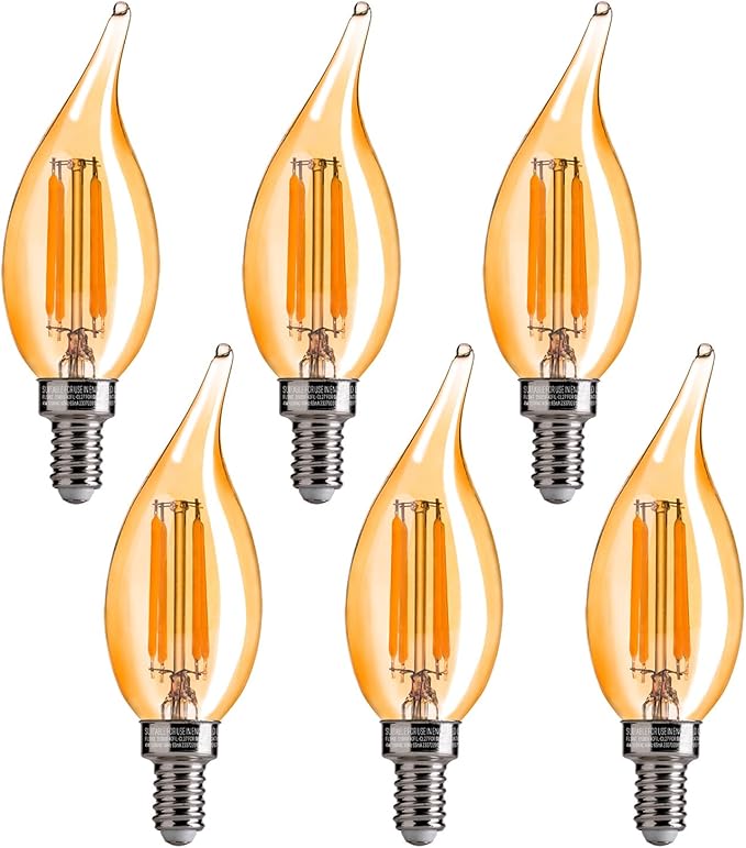 FLSNT CA11 E12 LED Candelabra Bulbs, Dimmable LED Chandelier Light Bulbs, 40W Equivalent, 2200K Warm White Light, 330LM, Amber Glass Finishing, 6 Pack UL,CA65 Listed.