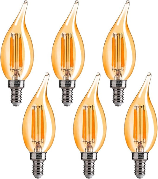 FLSNT CA11 E12 LED Candelabra Bulbs, Dimmable LED Chandelier Light Bulbs, 40W Equivalent, 2200K Warm White Light, 330LM, Amber Glass Finishing, 6 Pack UL,CA65 Listed.