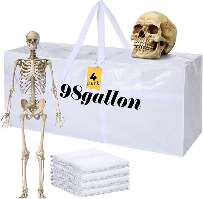 Windyun 4 Pack 98 Gallon Extra Large Storage Bags XXL Moving Bags with Zipper Handles Heavy Duty Jumbo Big Tote Box for Christmas Tree Storage 4, 5, 7.5, 9, 10, 12 ft Skeleton College Dorm(White)