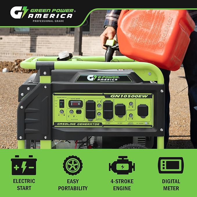 Green-Power America Portable Generator 10500 Watt,Gasoline Powered,Recoil/Electric Start, 12V-8.3A Charging Outlets, Home Back Up & RV Ready