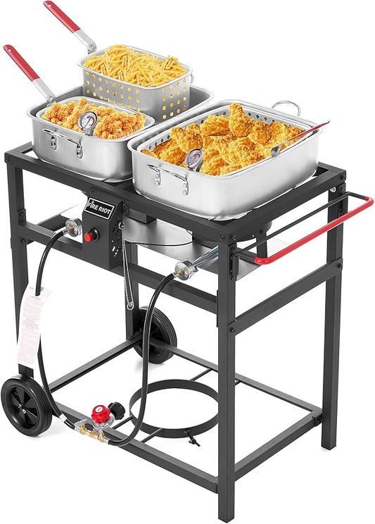 Fire Riot Deep Fryer with Double Burner Propane Stove Outdoor, 2×18QT Aluminum Pots & Frying Baskets, 100,000 BTU High-Power, Fish Fryer for Wings, Fries, Cajun Fry