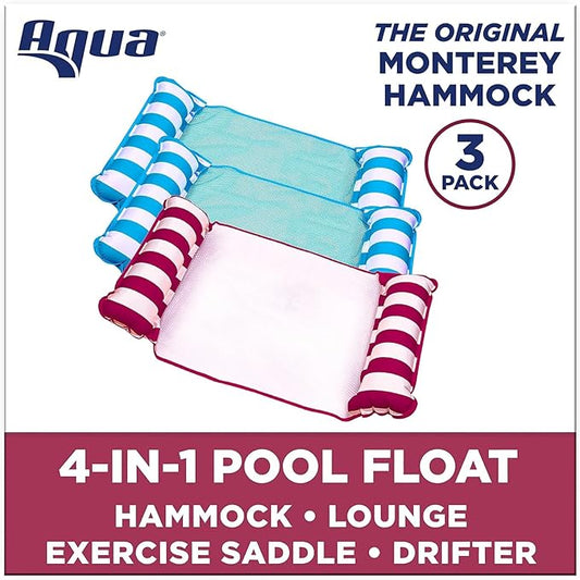 Aqua 4-in-1 Monterey Hammock Pool Float & Water Hammocks, 1-2-3-4 Multipacks – Multiple Colors/Styles – for Adults and Kids Floating