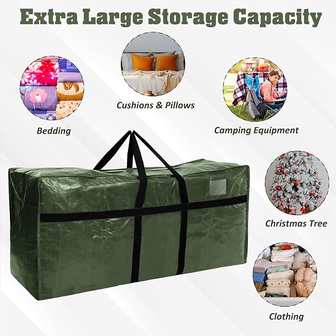 Windyun 4 Pack 177 Gallon Extra Large Storage Bags XXL Moving Bags with Zipper Handle Heavy Duty Jumbo Big Tote Box for Christmas Tree Storage 4, 5, 7.5, 9, 10, 12 ft Skeleton College Dorm(Army Green)