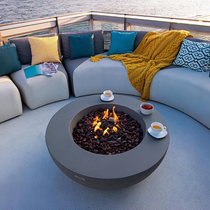 Elementi Lunar Bowl Fire Pit Bundle Outdoor Includes 42” Propane Concrete Firepit, Glass Windscreen, Stainless Steel Cover, Tank & Canvas Cover, Floor Mat and Beverage Tub