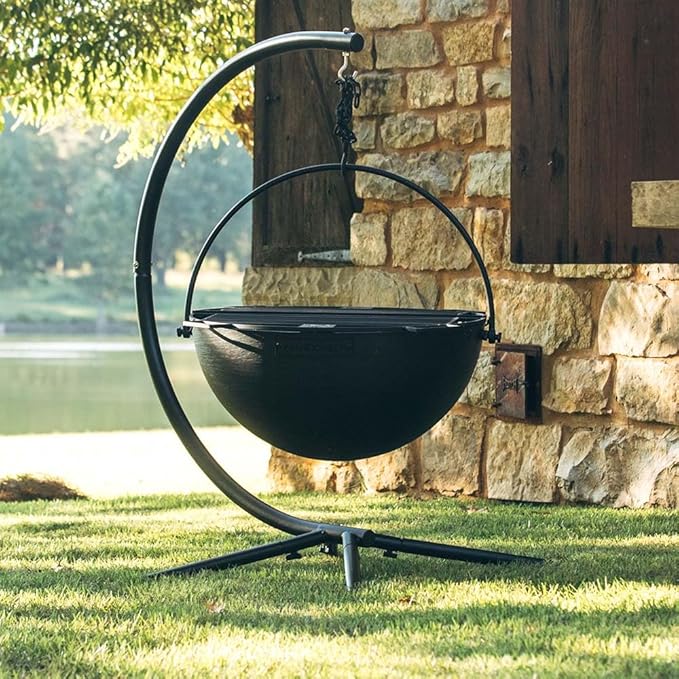 Ash & Ember 30" Cast Iron Cauldron Fire Pit Bowl, Double Hinged Grill Grate with Easy-Lift Handles, Handing Chain and Cauldron Stand, Round Wood Burning Patio Fire Bowl for Backyard Entertainment