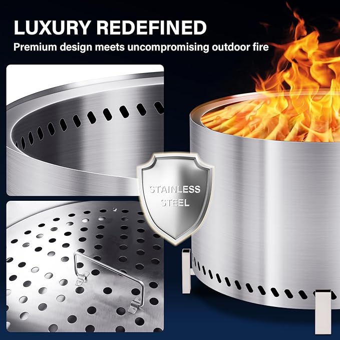 HGD 27.5" Smokeless Fire Pit Outdoor, Stainless Steel Wood Burning Firepit with Secondary Combustion, Backyard Patio Stove for Garden, BBQ & Bonfire