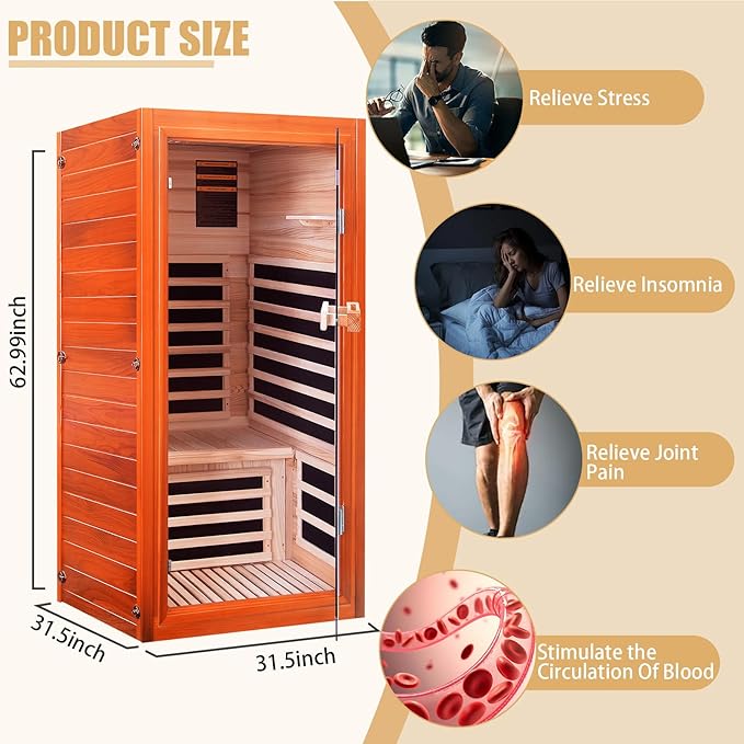 RIGO Home Personal Far-Infrared Sauna Room — 1065W 120V Wooden Dry Sauna Room with Red Light and Bluetooth Music Function, Single-Person Design, Dimensions: 31.5 * 31.5 * 63 inches
