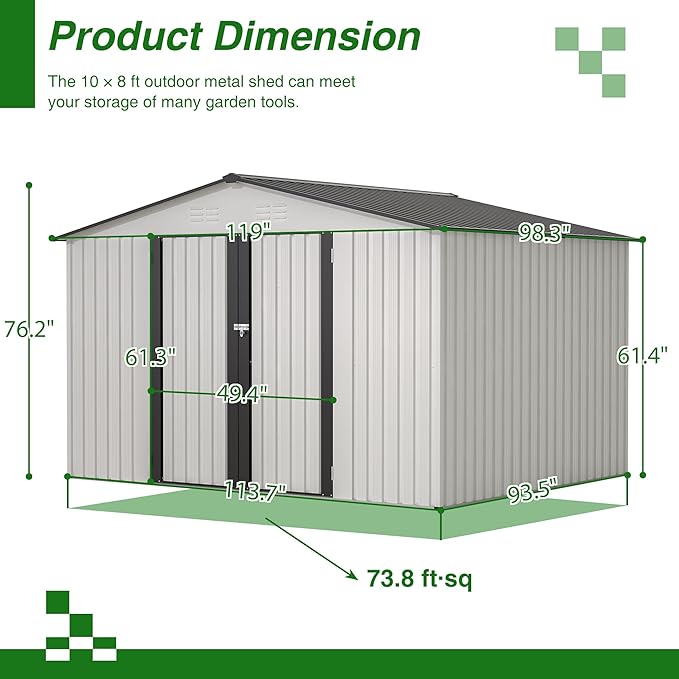 8x10 FT Outdoor Storage Shed, Metal Garden Shed with Lockable Hinged Doors, Outside Tool Shed with Sloped Roof & 4 Air Vents, Waterproof Storage Building for Backyard, Patio, Lawn, White