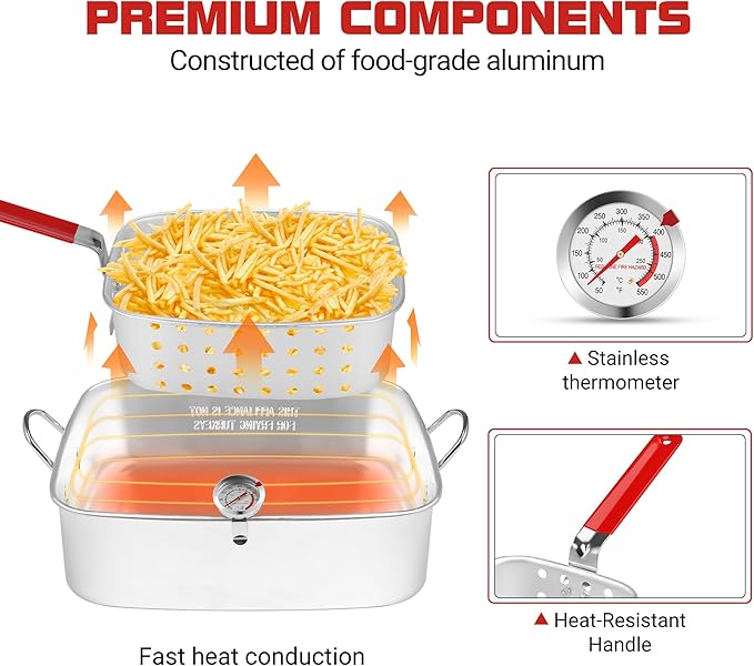 OT18 Propane Deep Fryer with 18Qt Square Deep Fryer Pot – High Grade Strainer Basket Aluminum Pot for Fish Fry, Seafood Pot – Propane Burners for Outdoor Cooking Include Thermometer