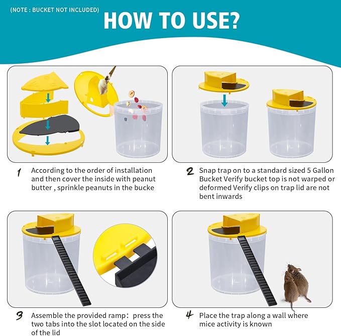 2PACKS Mouse Trap Bucket Adapted to 5 Gallon Bucket Lid Rat Trap Comes with Mouse Catching Stickers Automatic Reset for Indoor Outdoor Use Reusable