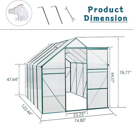 6×10 FT Polycarbonate Greenhouse for Outdoors with Raised Base & Anchor, Heavy-Duty Walk-in Aluminum Green House Kit with Sliding Door & Roof Vent, Outdoor Greenhouse for Backyard Garden, Green