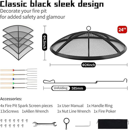 Fire Pit Spark Screen, 24 Inch Outdoor Fire Pit Screen with Foldable Hook and Marshmallow Sticks, Heavy Duty Steel Mesh Fire Pit Cover for Backyard, Beach, RV Camping