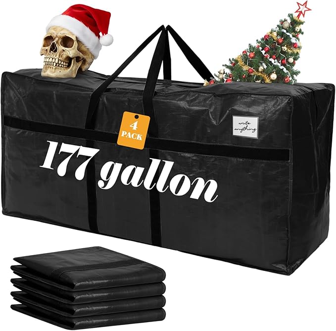 Windyun 4 Pack 177 Gallon Extra Large Storage Bags XXL Moving Bags with Zipper Handles Heavy Duty Jumbo Big Tote Box for Christmas Tree Storage 4, 5, 7.5, 9, 10, 12 ft Skeleton College Dorm(Black)