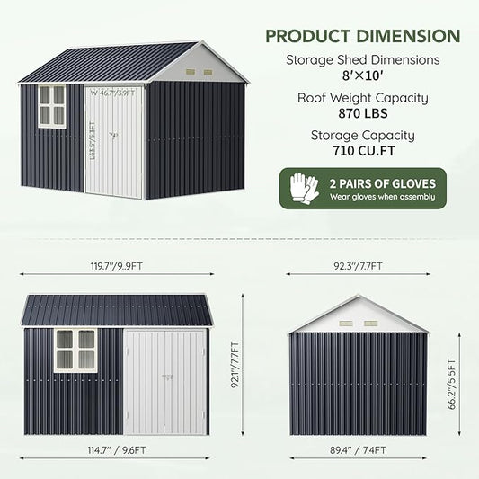 8x10 FT Outdoor Metal Storage Shed, Single Door, 1 Clear Window, Tool Shed for Garden, Patio, Backyard Nightblue