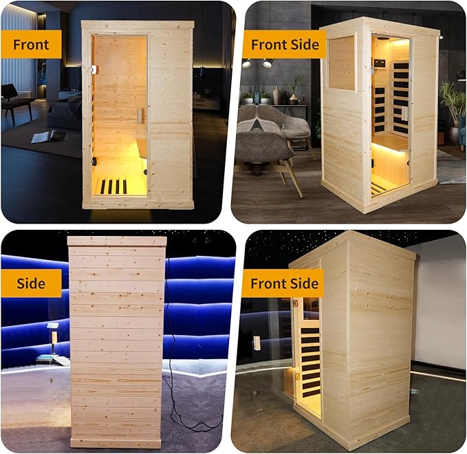 Infrared Sauna Home Traditional Sauna for Home Low EMF 1100W for 1 Person Relaxing Backboard with Control Panel, Bluetooth Speaker, Reading Lamp,Top Starry Sky (Natural Wood, 37.4”×27.5“×67.3”)