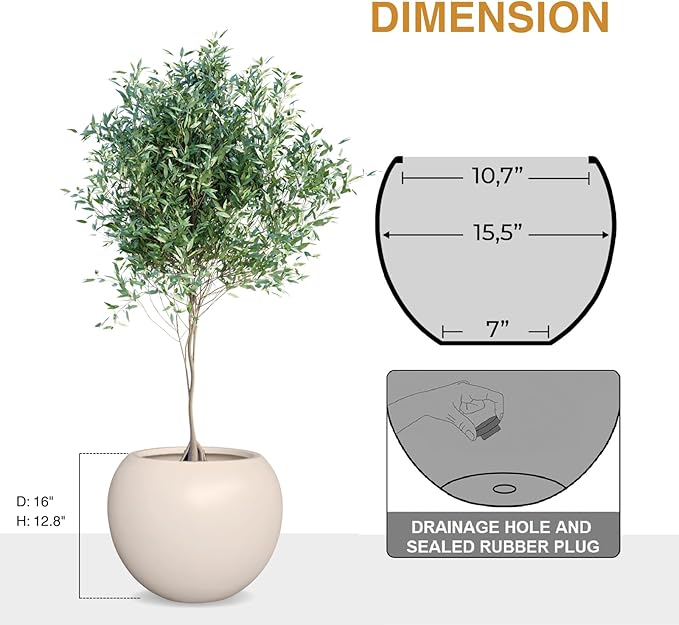 12.8"H x 16"D Globo Fiberstone Round Planter - Christmas Tree Planter, Smooth Finishes, Weather Resistant for Indoor & Outdoor Use, Included 2 Extra Coco Mats (Kilim Beige,10.7" Pot Opening)